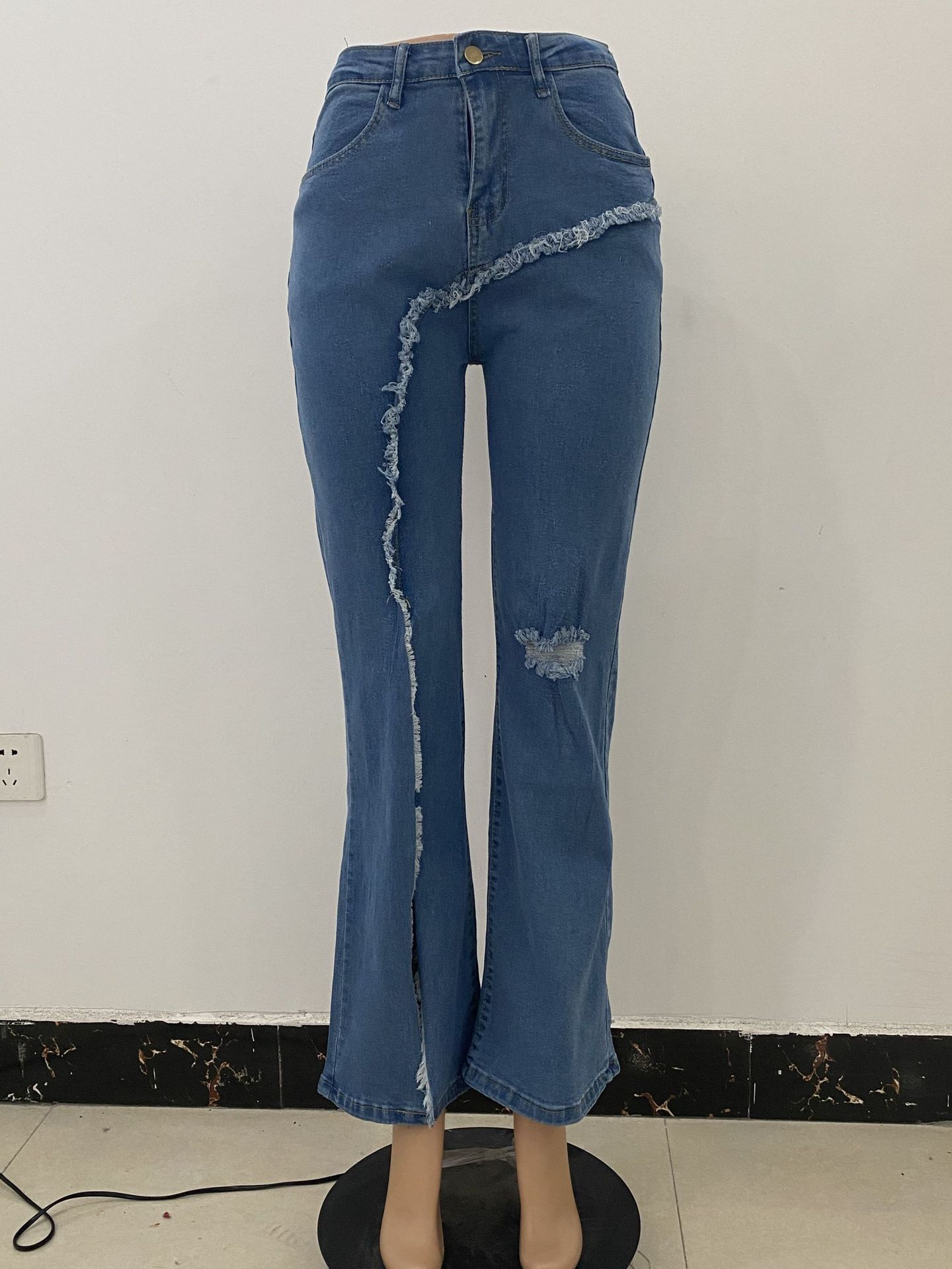 Neue stil elastische zerrissene ausgestelltes hosen jeans frauen