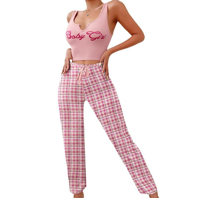 Frühlings- und Sommerpyjama für Damen, lässig, Weste, farblich passende Hose mit Karomuster, Oberteil mit Buchstabenmuster, 2-teilig, Heimkleidung, Nachtwäsche