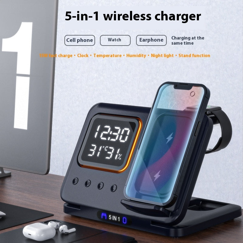 15W Wireless Chargers Stand 5 In1 LED Digital Alarm Clock Fast Charging Dock Station