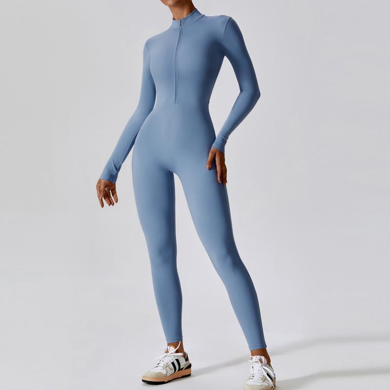 Reißverschluss Langarm Yoga Fitness Trainingshose Enge Hüfte Nahtloser Sport-Overall Für Damen Kleidung