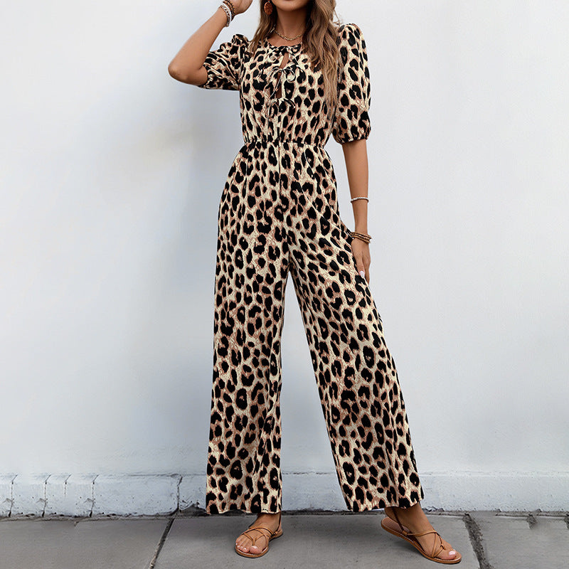 European And American Jumpsuit Tied High Waist Leopard Print One-piece Trousers